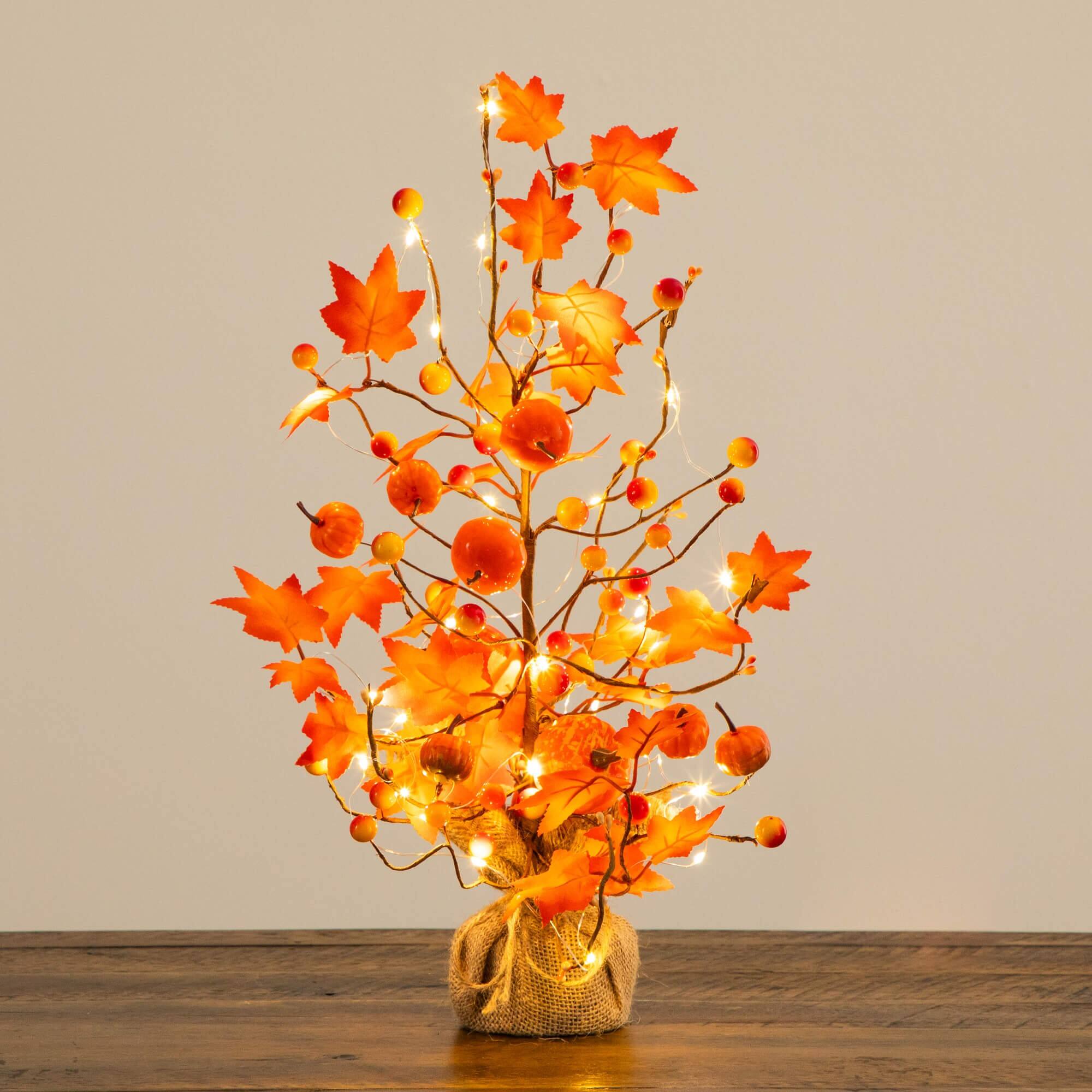 18in. Pre-Lit Artificial Maple Tree with Pumpkin Ornaments and 30 LED String Lights in Burlap Wrapped Base